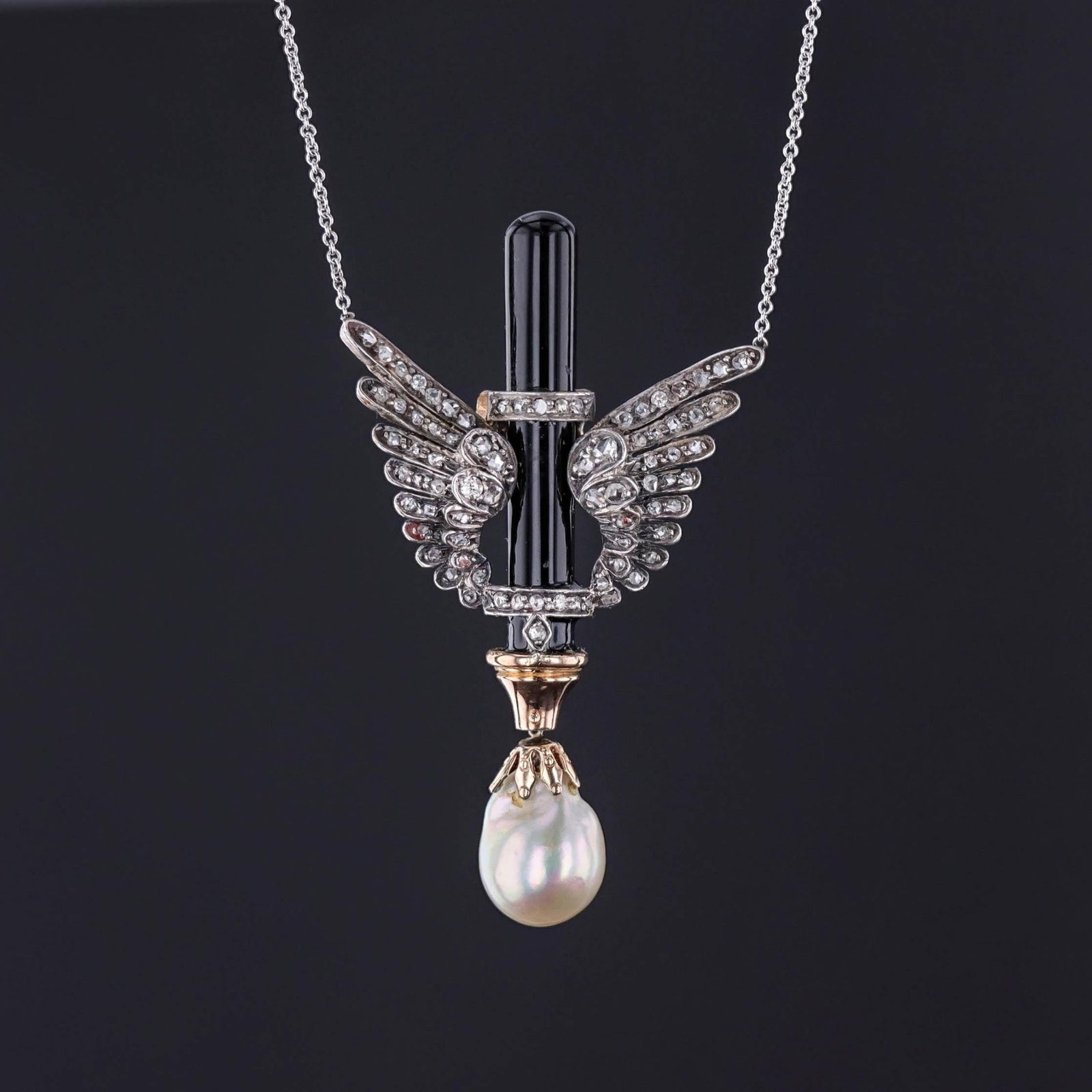 Antique Diamond Wing, Onyx and Pearl Necklace of 14k White Gold - Trademark Antiques