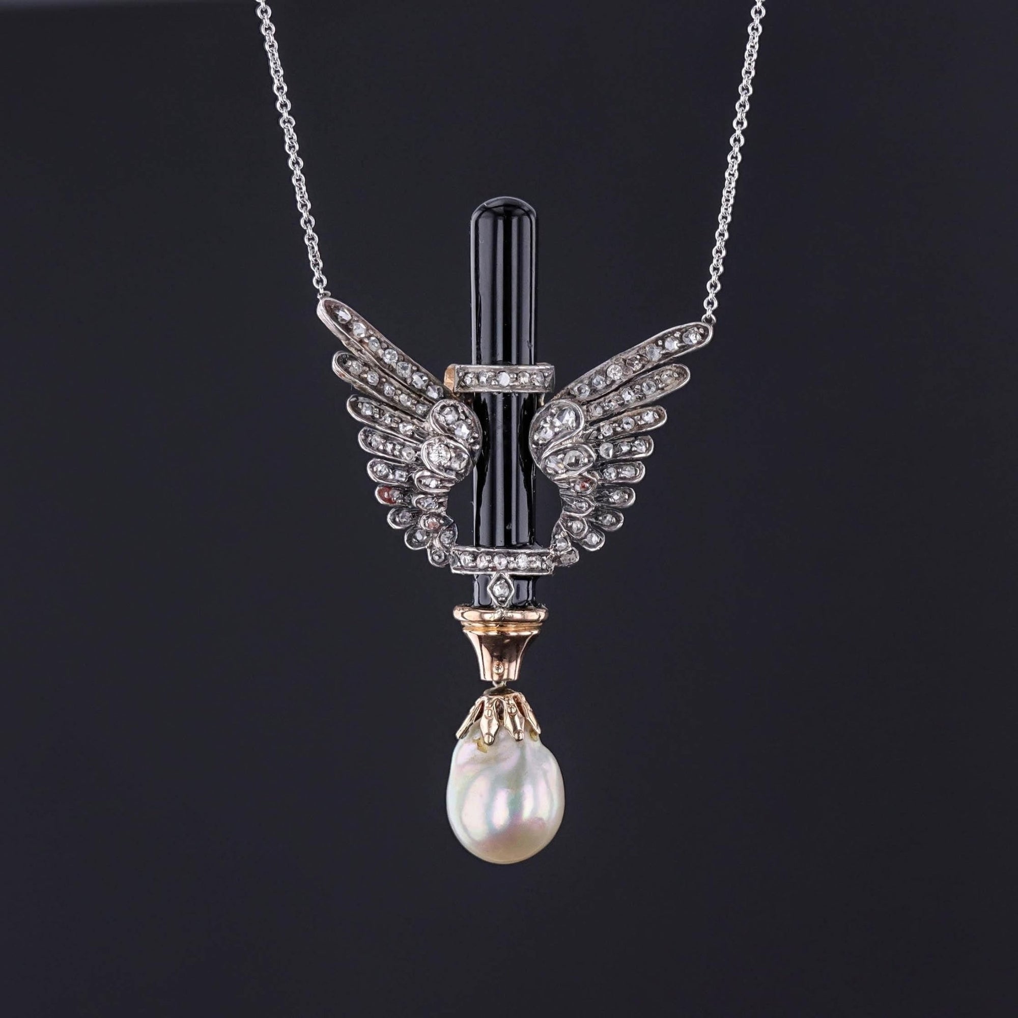 Antique Diamond Wing, Onyx and Pearl Necklace of 14k White Gold - Trademark Antiques