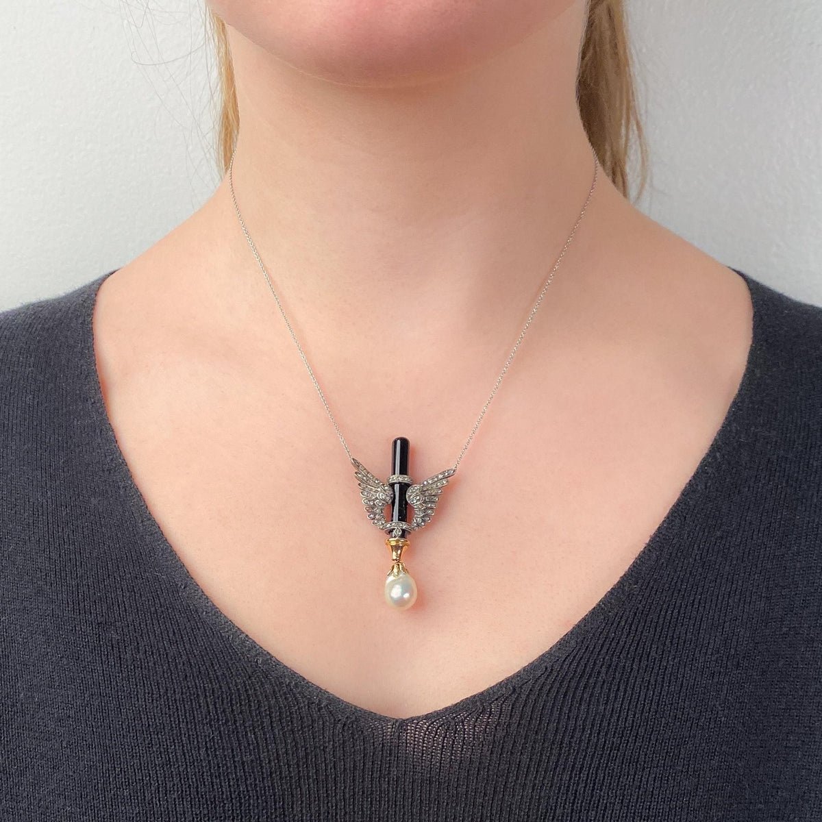 Antique Diamond Wing, Onyx and Pearl Necklace of 14k White Gold - Trademark Antiques