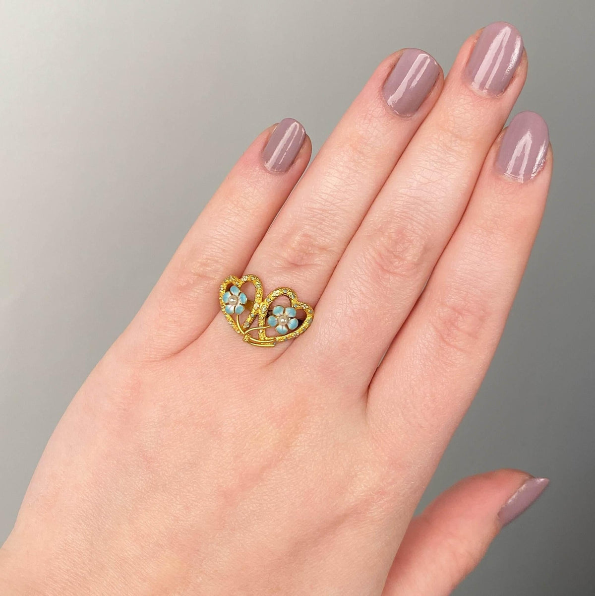 Antique Double Heart Forget - Me - Not Ring of 14k Gold - Trademark Antiques