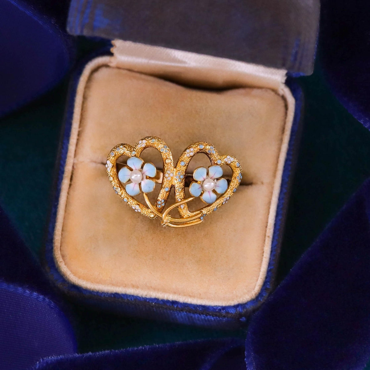 Antique Double Heart Forget - Me - Not Ring of 14k Gold - Trademark Antiques