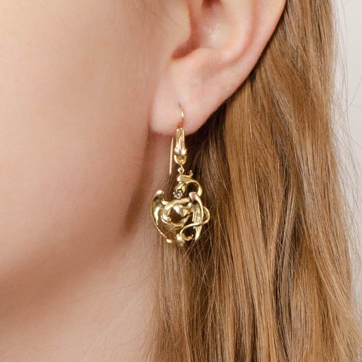 Antique Dragon Conversion Earrings of 14k Gold - Trademark Antiques