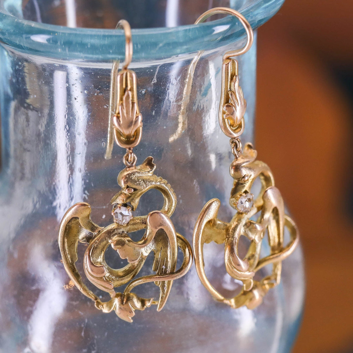 Antique Dragon Conversion Earrings of 14k Gold - Trademark Antiques