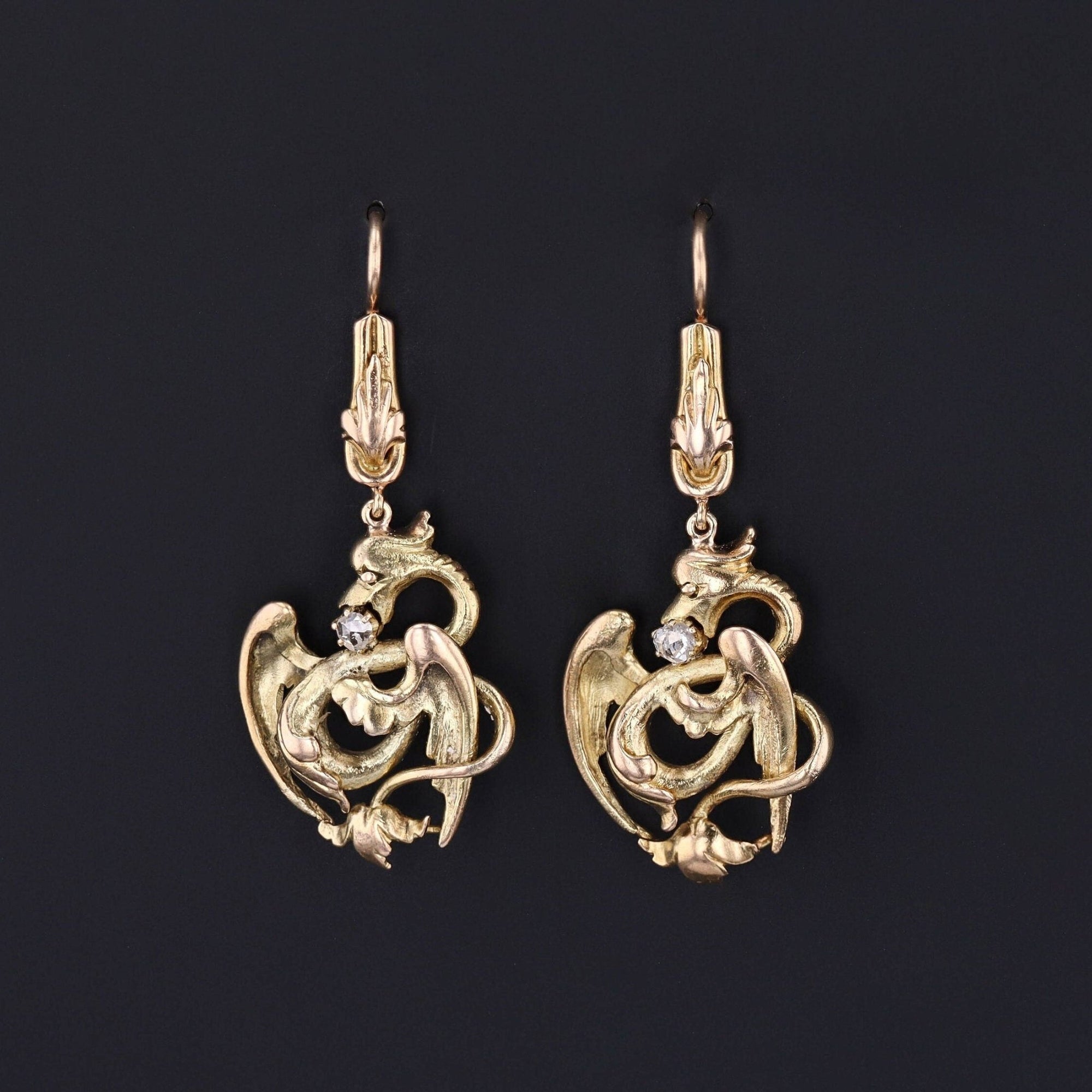 Antique Dragon Conversion Earrings of 14k Gold - Trademark Antiques