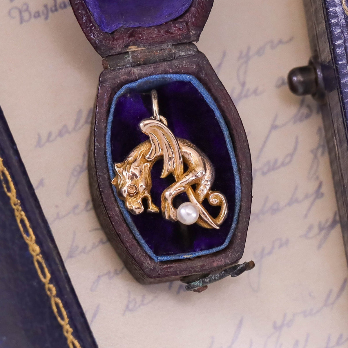 Antique Dragon with Pearl Conversion Charm of 14k Gold - Trademark Antiques