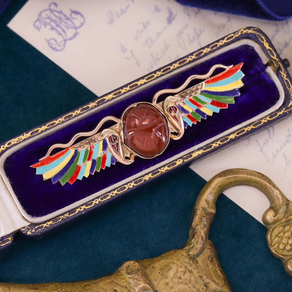 Antique Egyptian Revival Enamel Brooch of 14k Gold - Trademark Antiques