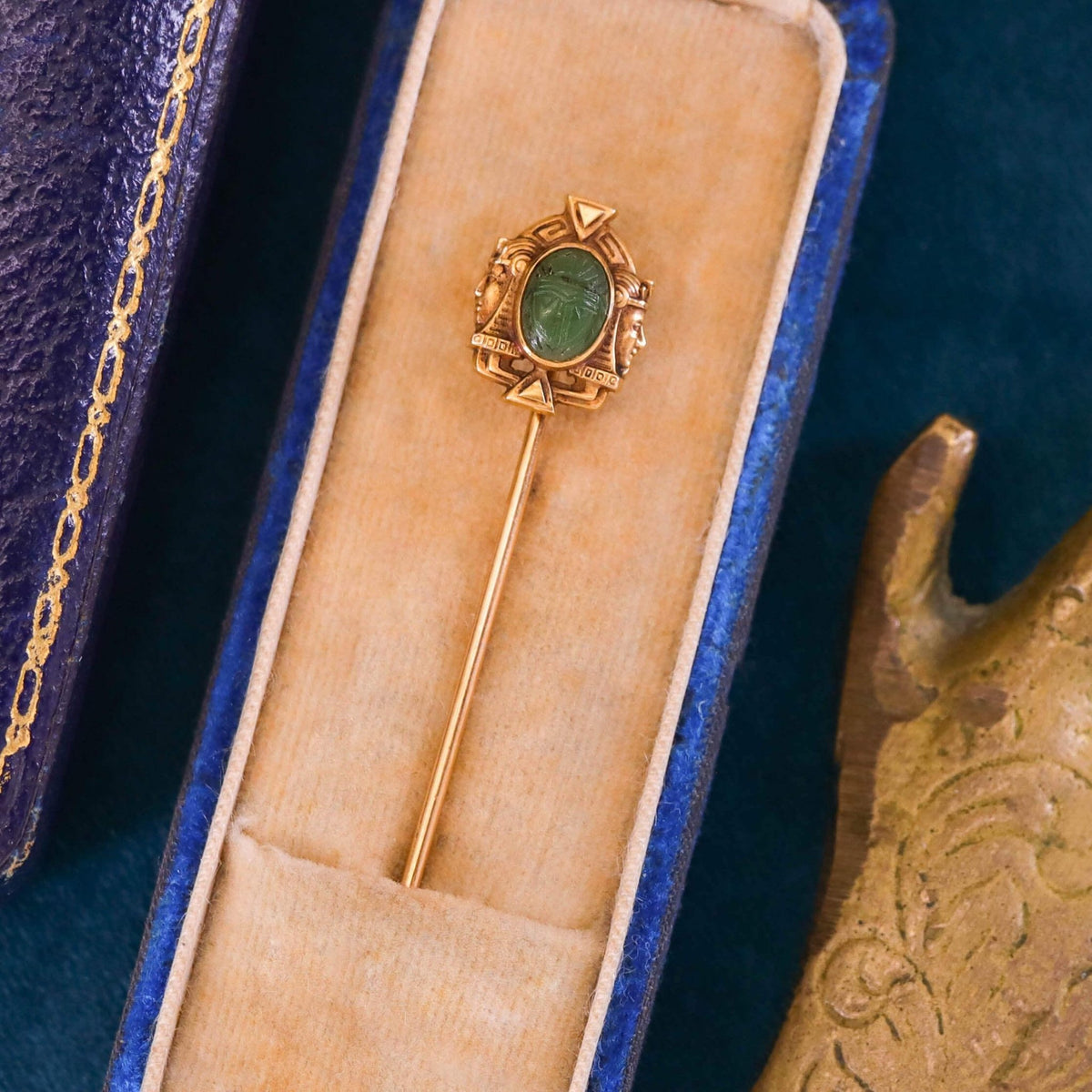 Antique Egyptian Revival Stickpin of Nephrite Jade and 14k Gold - Trademark Antiques