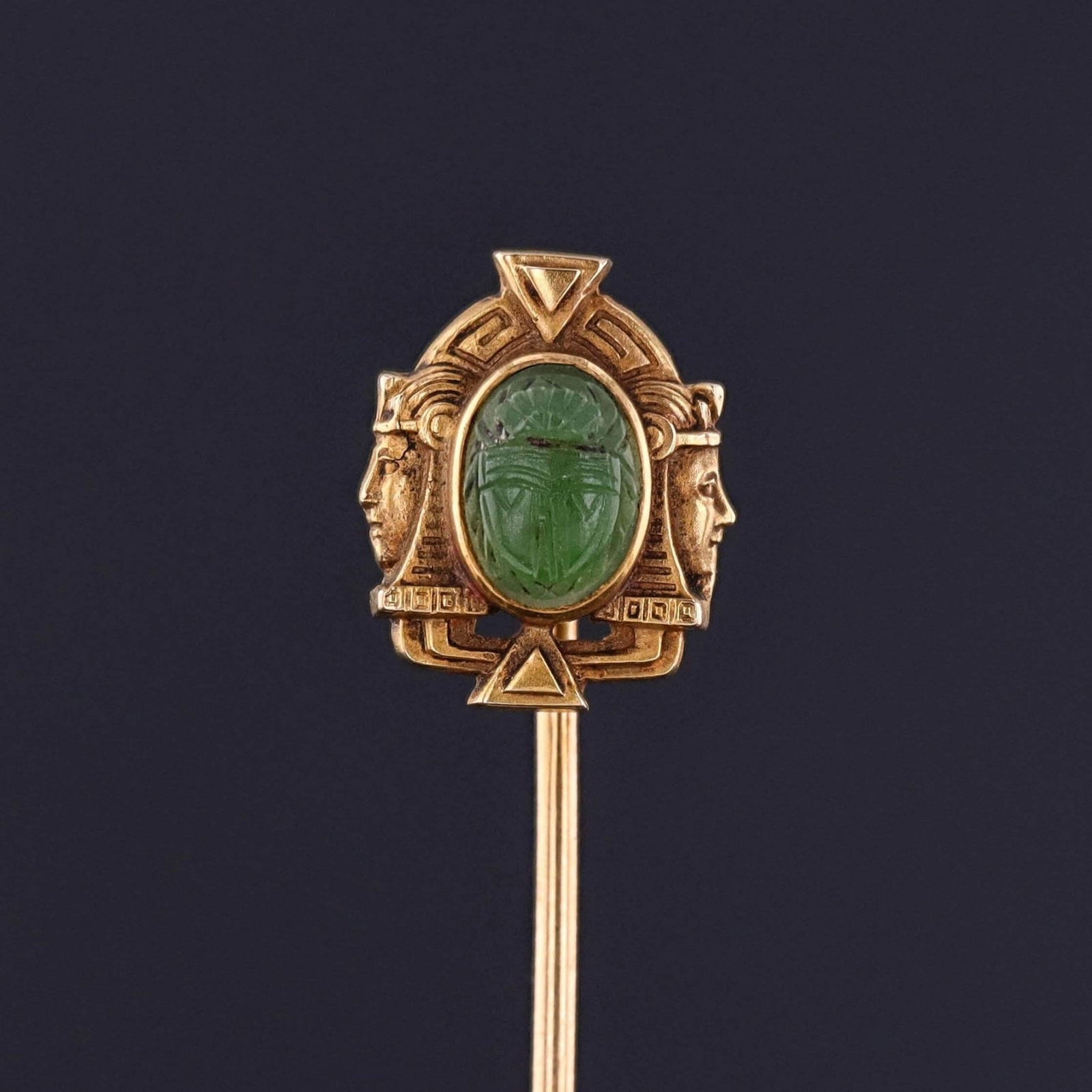 Antique Egyptian Revival Stickpin of Nephrite Jade and 14k Gold - Trademark Antiques