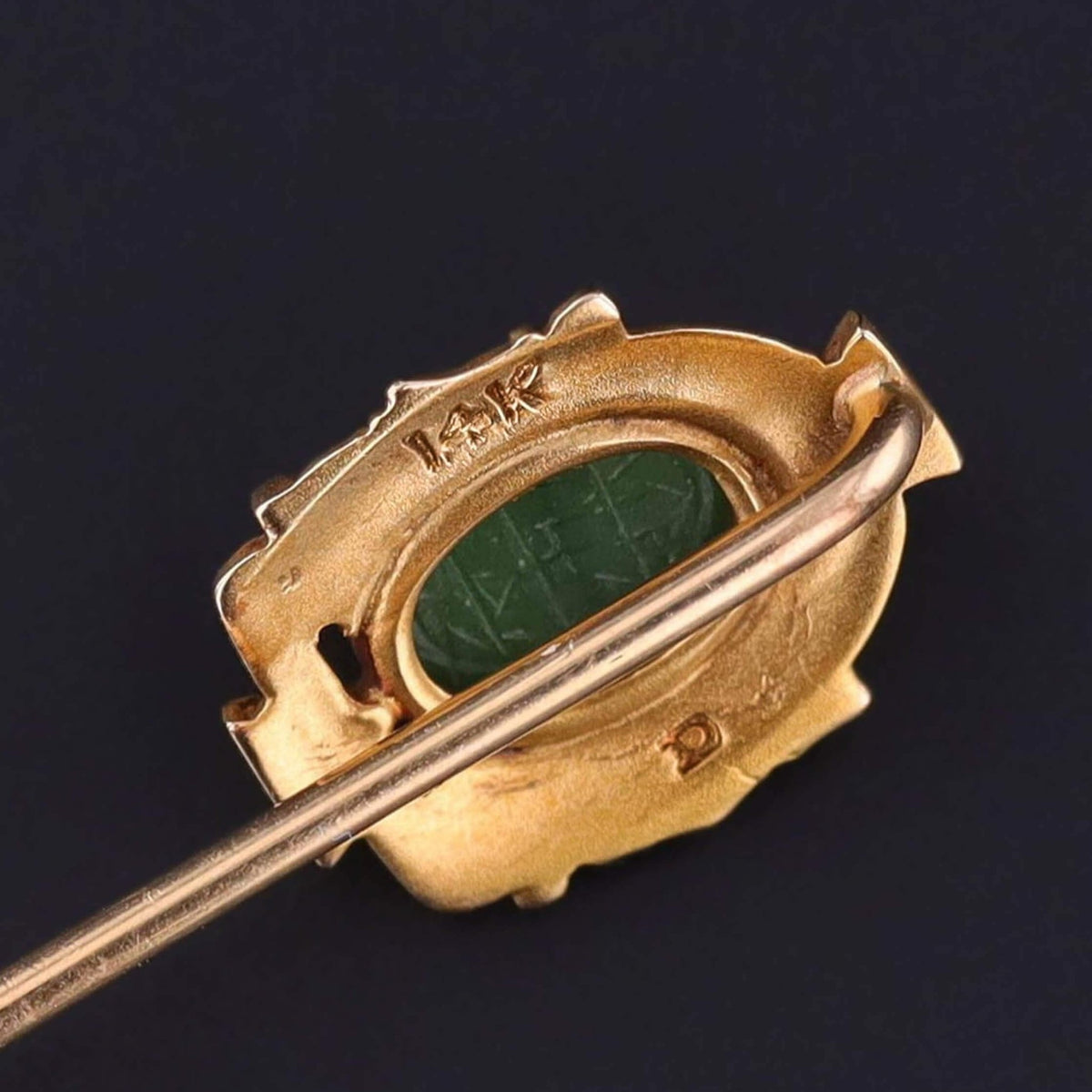 Antique Egyptian Revival Stickpin of Nephrite Jade and 14k Gold - Trademark Antiques