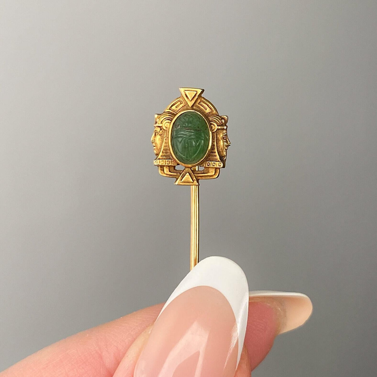 Antique Egyptian Revival Stickpin of Nephrite Jade and 14k Gold - Trademark Antiques