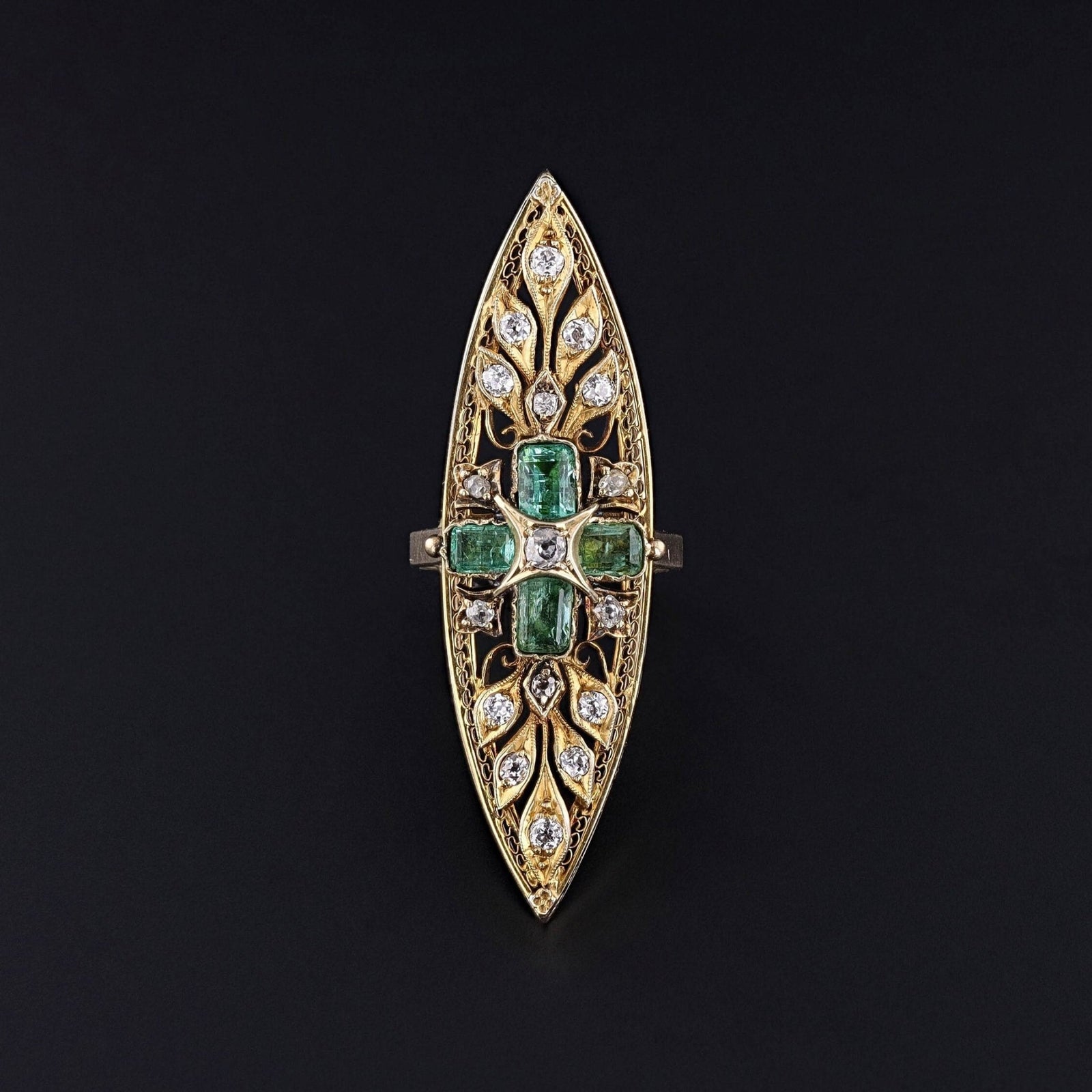 Antique Emerald and Diamond Navette Ring of 14k Gold - Trademark Antiques