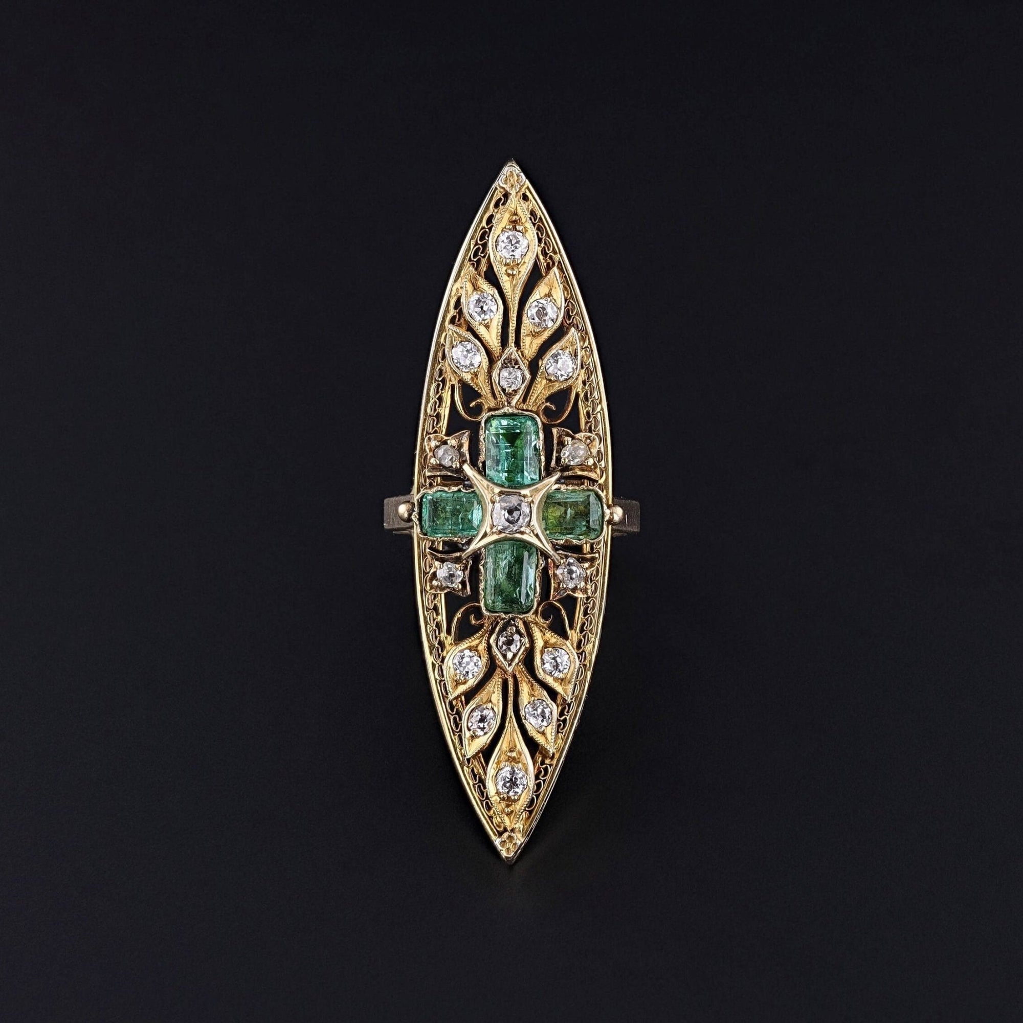 Antique Emerald and Diamond Navette Ring of 14k Gold - Trademark Antiques