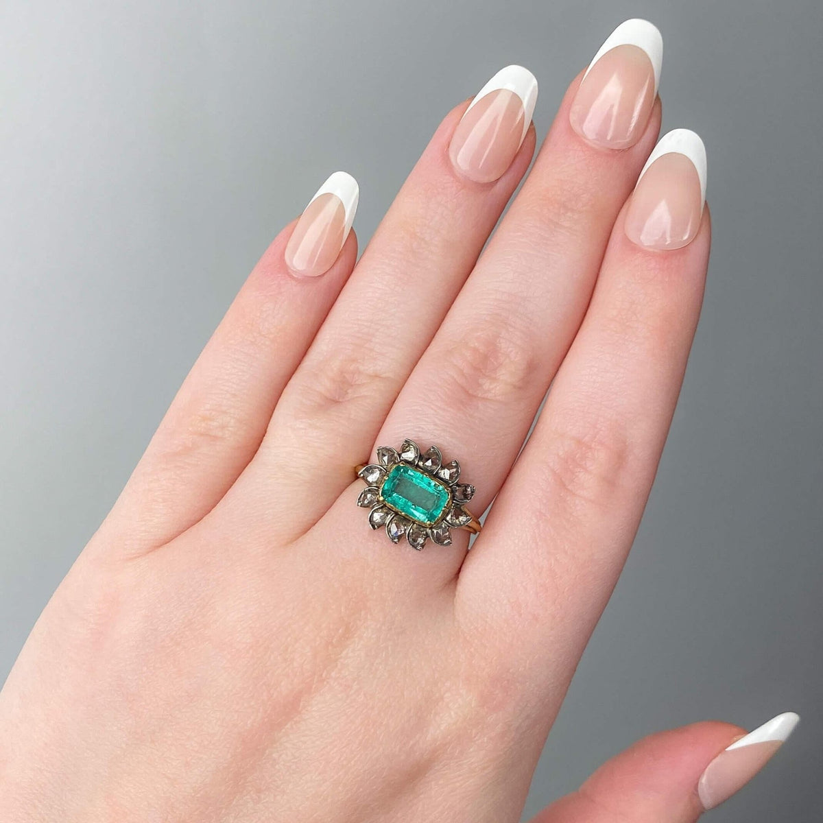 Antique Emerald and Diamond Ring of 14k Gold &amp; Silver - Trademark Antiques