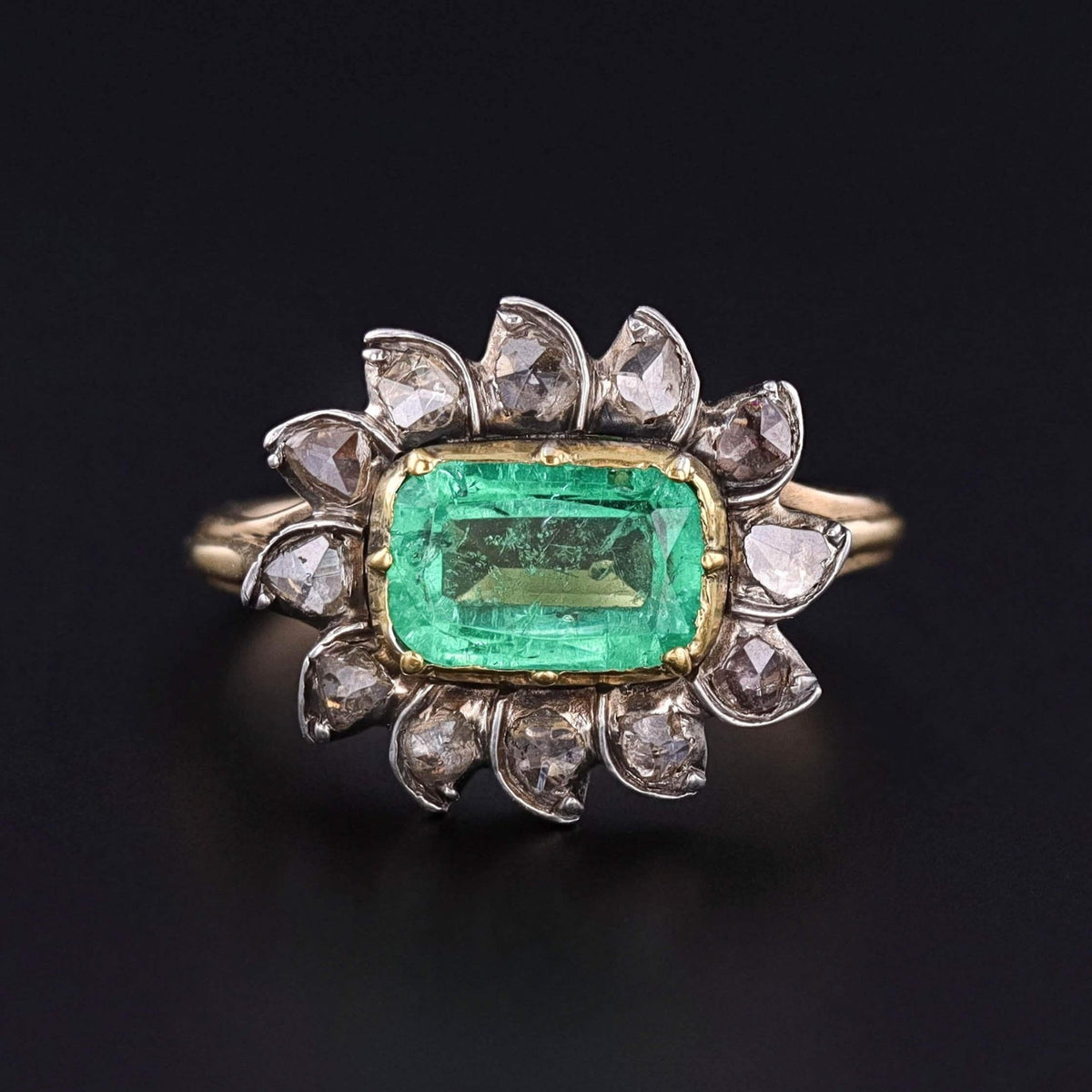 Antique Emerald and Diamond Ring of 14k Gold &amp; Silver - Trademark Antiques