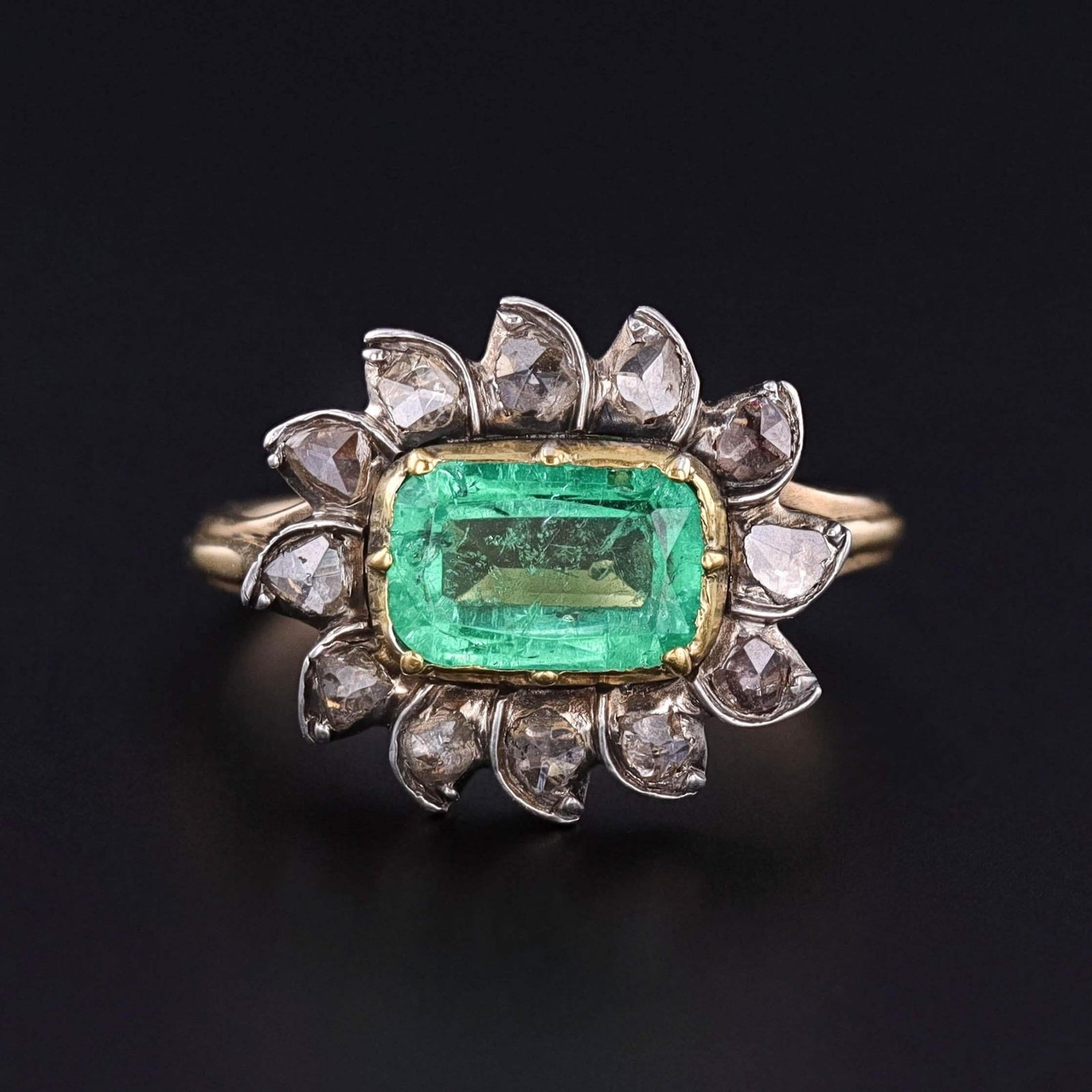 Antique Emerald and Diamond Ring of 14k Gold & Silver - Trademark Antiques