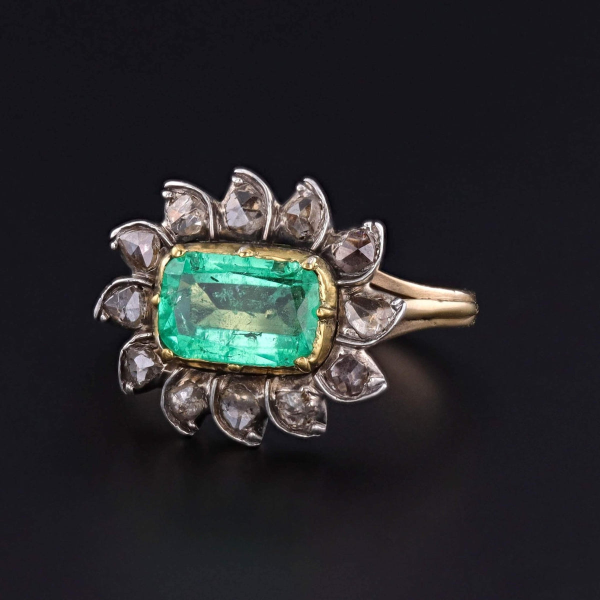 Antique Emerald and Diamond Ring of 14k Gold &amp; Silver - Trademark Antiques