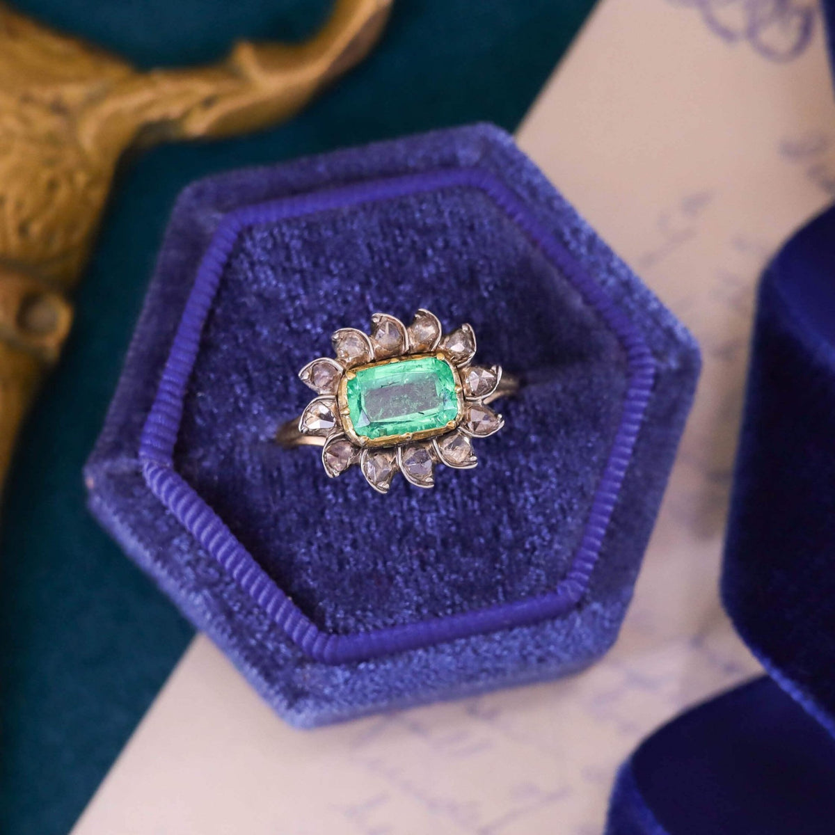 Antique Emerald and Diamond Ring of 14k Gold &amp; Silver - Trademark Antiques