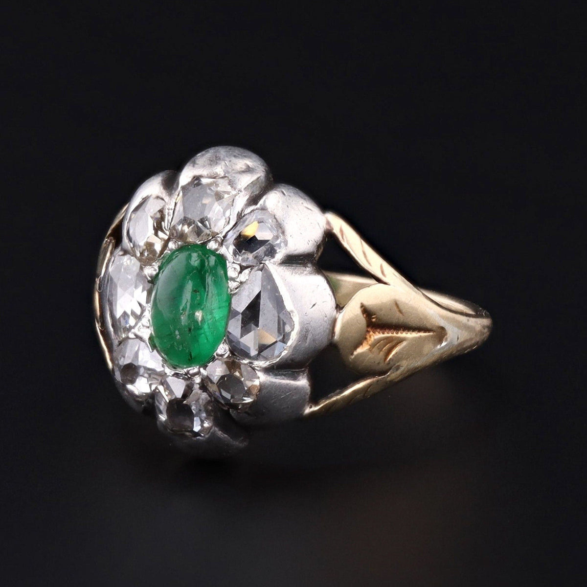 Antique Emerald Cabochon and Diamond Ring - Trademark Antiques