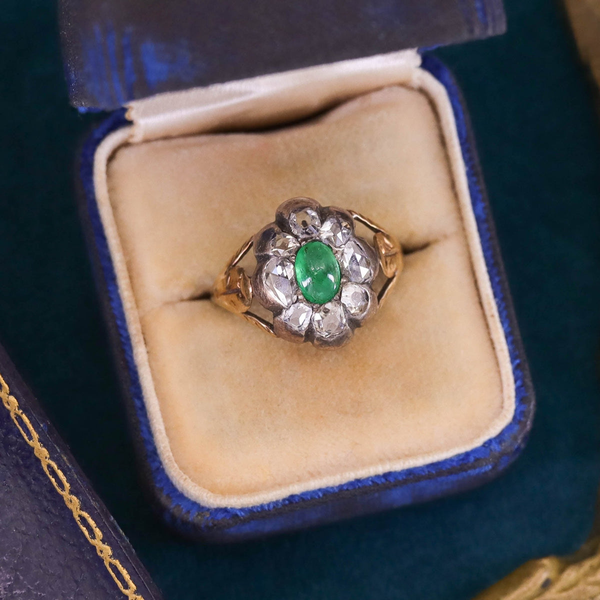 Antique Emerald Cabochon and Diamond Ring - Trademark Antiques