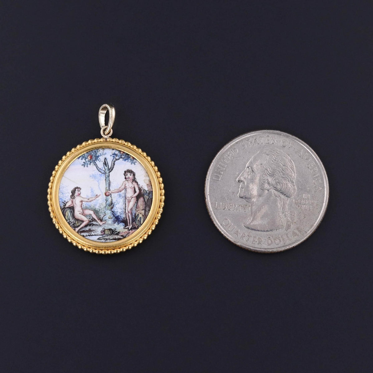 Antique Enamel Adam and Eve Pendant of 14k Gold - Trademark Antiques