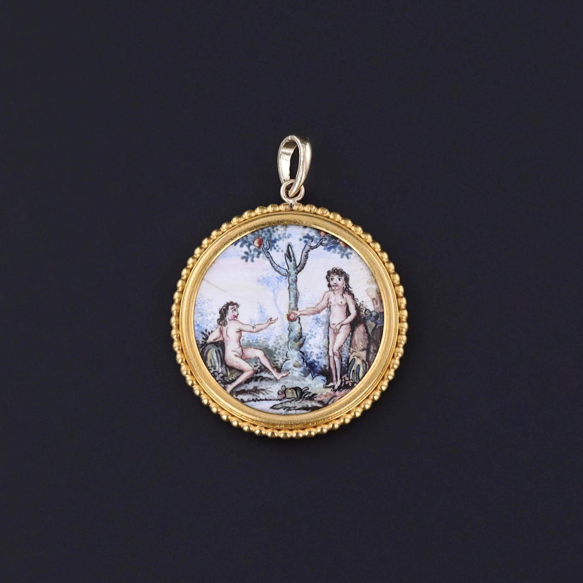 Antique Enamel Adam and Eve Pendant of 14k Gold - Trademark Antiques