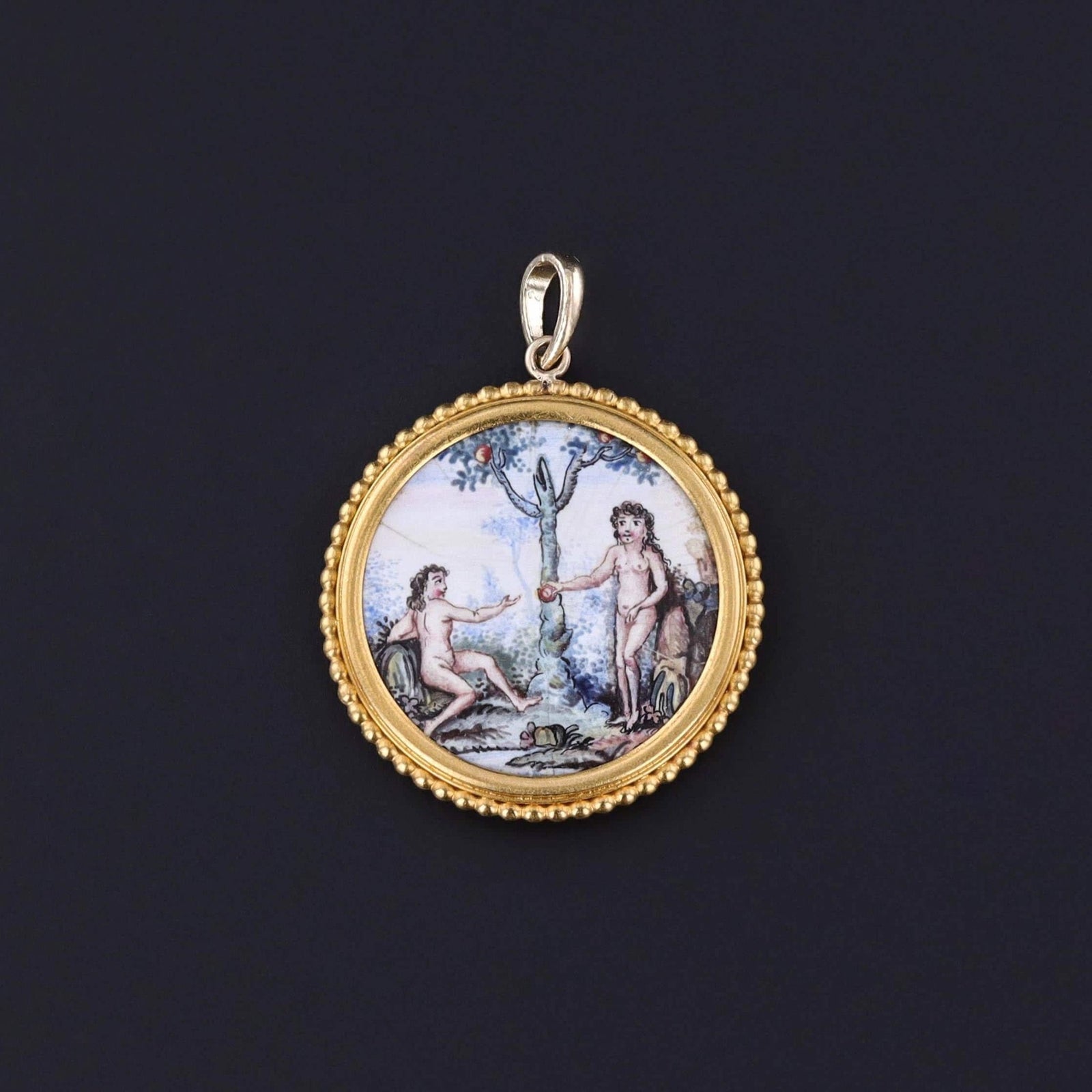 Antique Enamel Adam and Eve Pendant of 14k Gold - Trademark Antiques