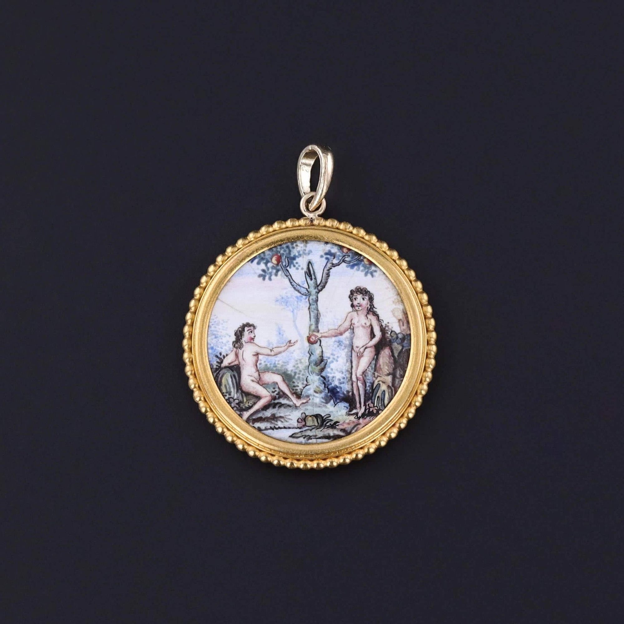 Antique Enamel Adam and Eve Pendant of 14k Gold - Trademark Antiques