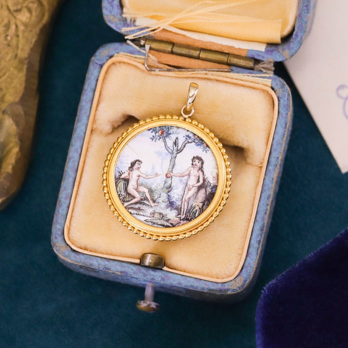 Antique Enamel Adam and Eve Pendant of 14k Gold - Trademark Antiques