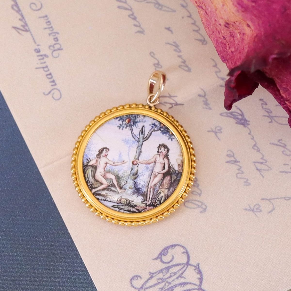 Antique Enamel Adam and Eve Pendant of 14k Gold - Trademark Antiques