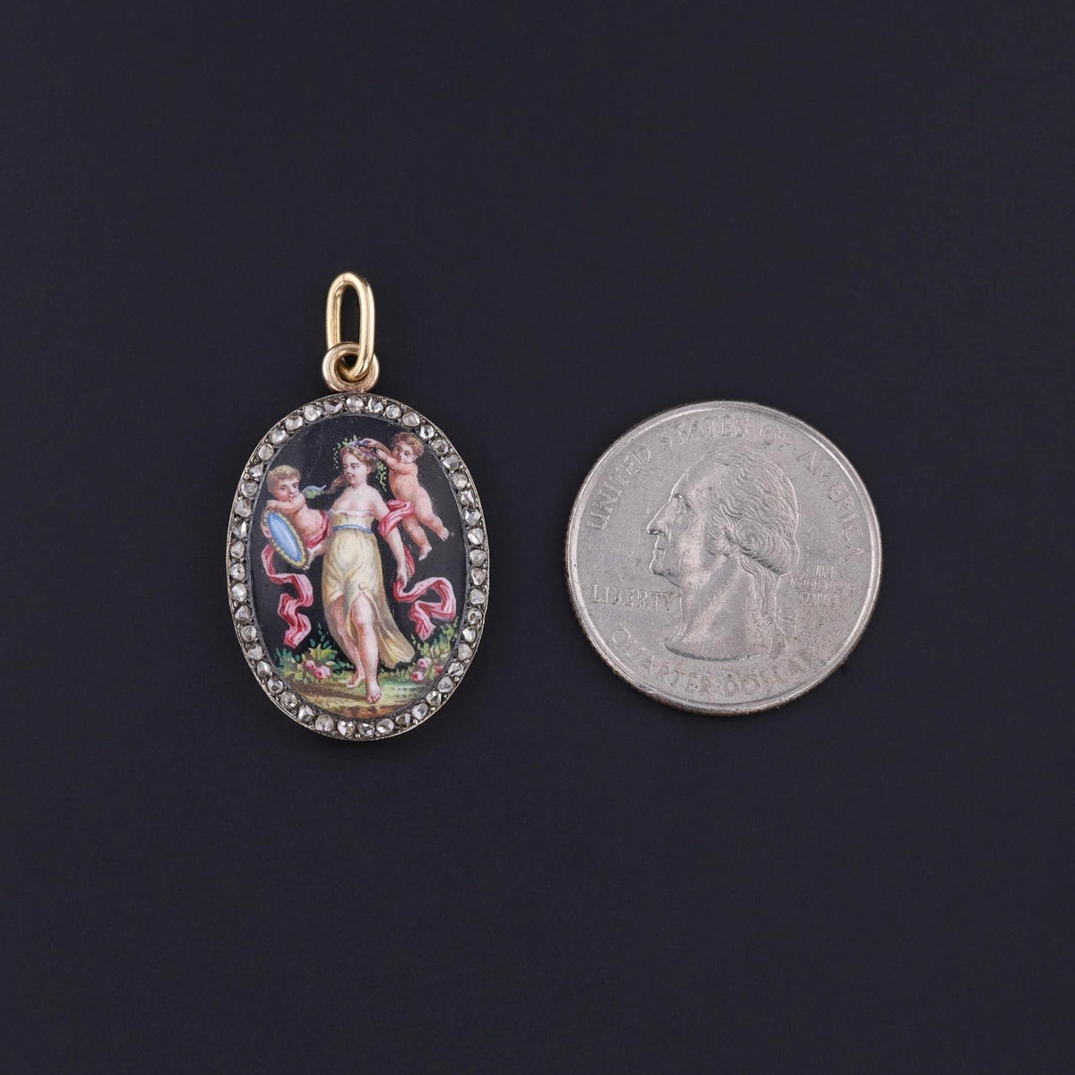 Antique Enamel and Diamond Cherub Pendant of 18k Gold - Trademark Antiques