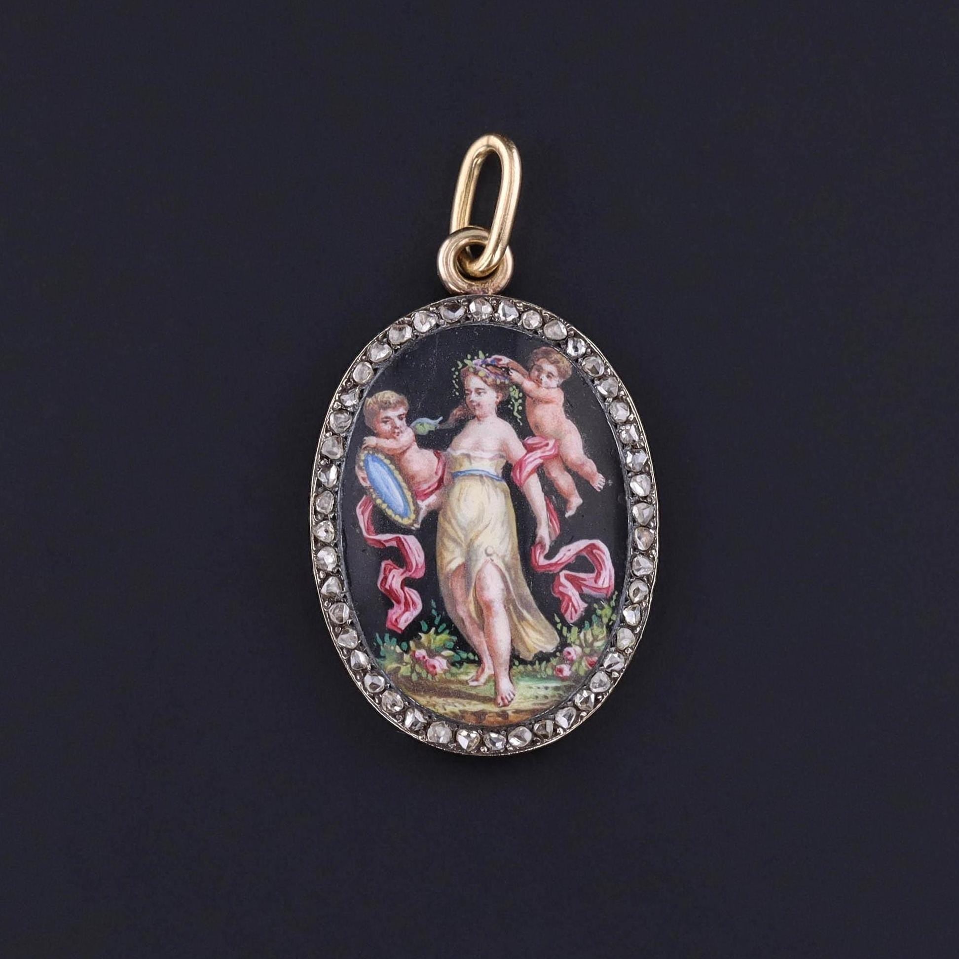 Antique Enamel and Diamond Cherub Pendant of 18k Gold - Trademark Antiques