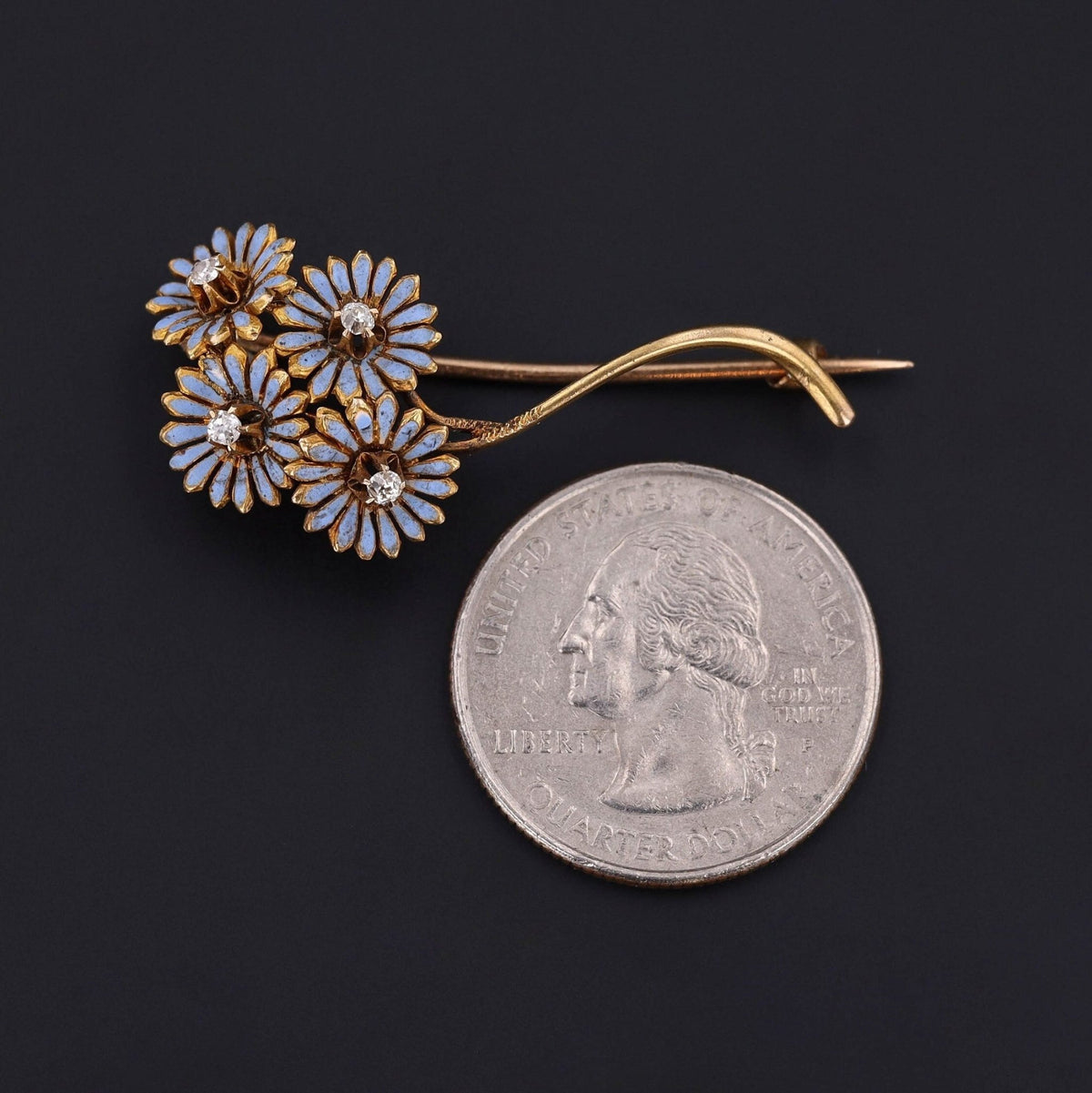Antique Enamel and Diamond Daisy Brooch of 14k Gold - Trademark Antiques