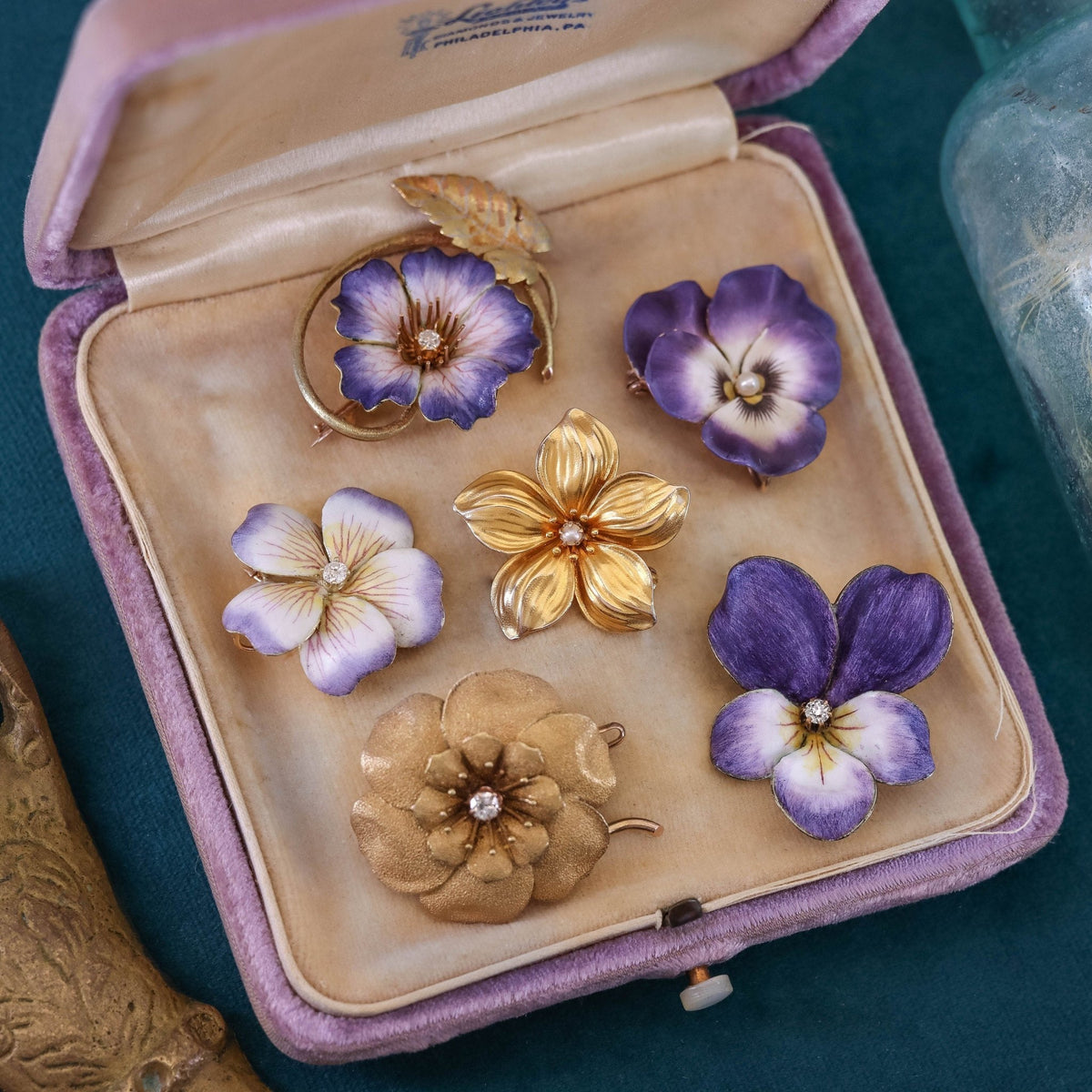 Antique Enamel and Diamond Flower Brooch of 14k Gold - Trademark Antiques