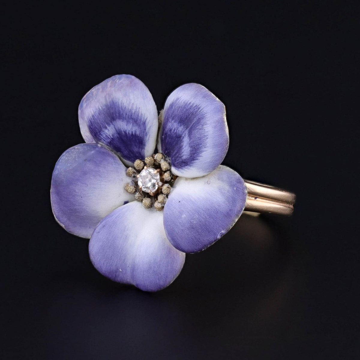 Antique Enamel and Diamond Flower Conversion Ring of 14k Gold - Trademark Antiques