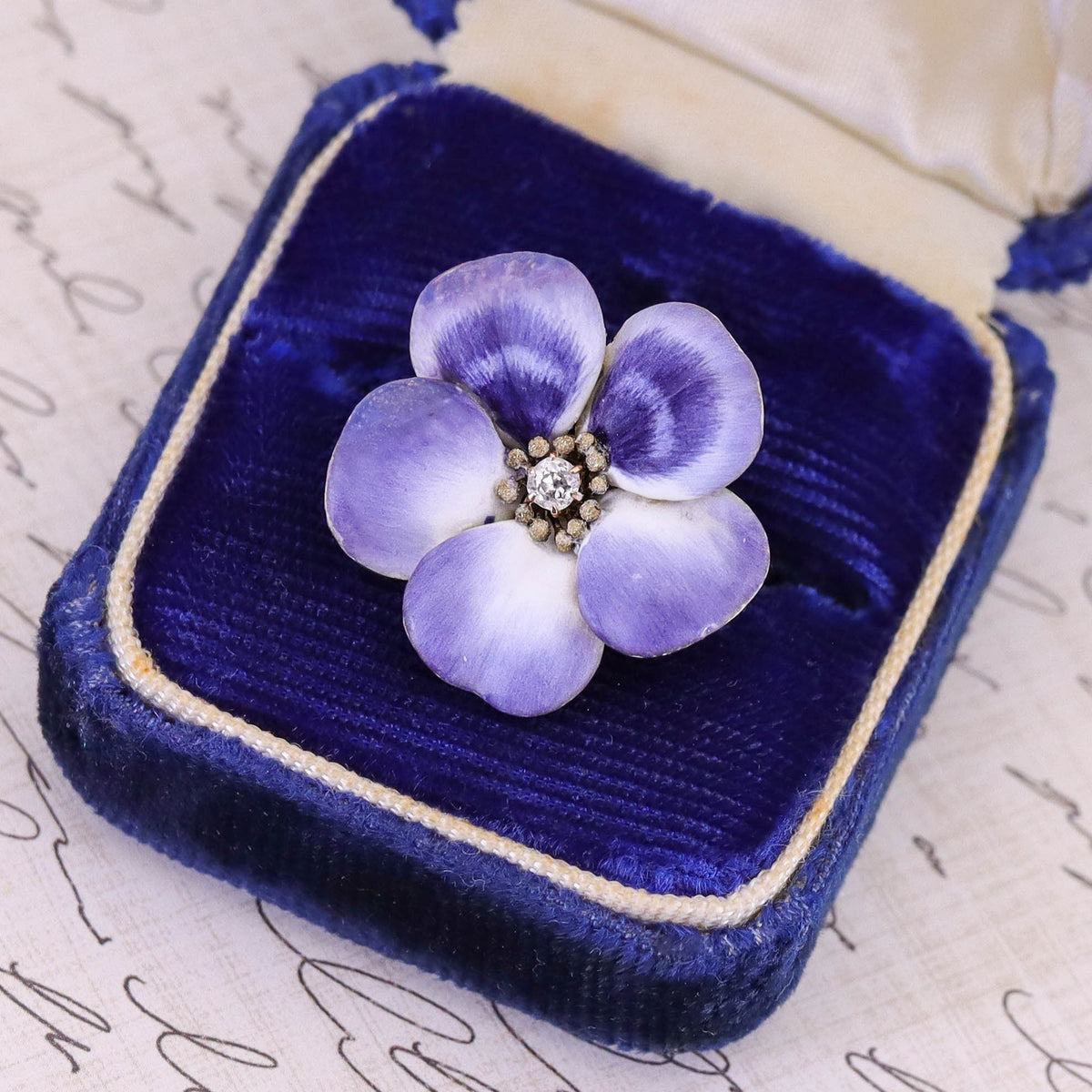 Antique Enamel and Diamond Flower Conversion Ring of 14k Gold - Trademark Antiques