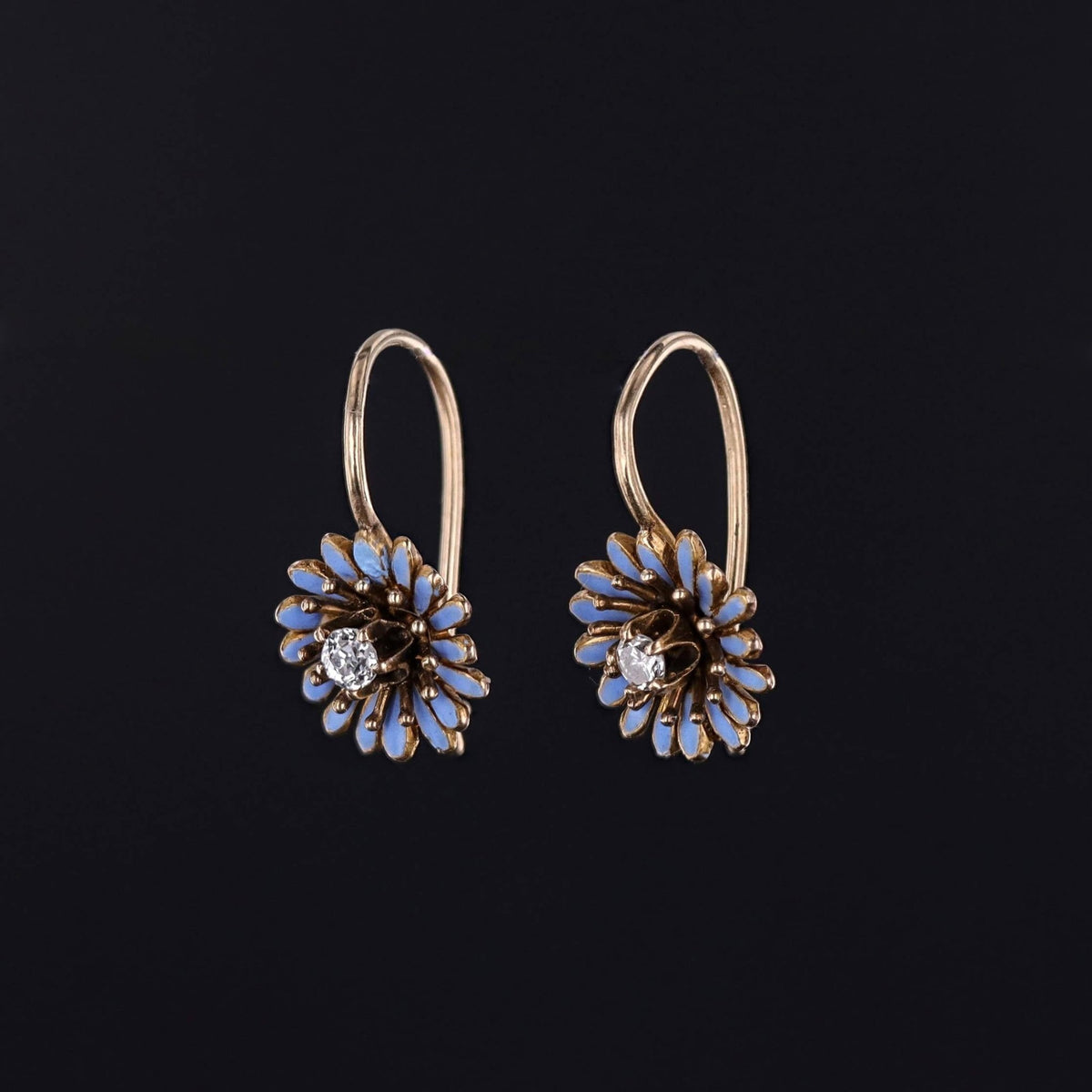 Antique Enamel and Diamond Flower Earrings of 14k Gold - Trademark Antiques