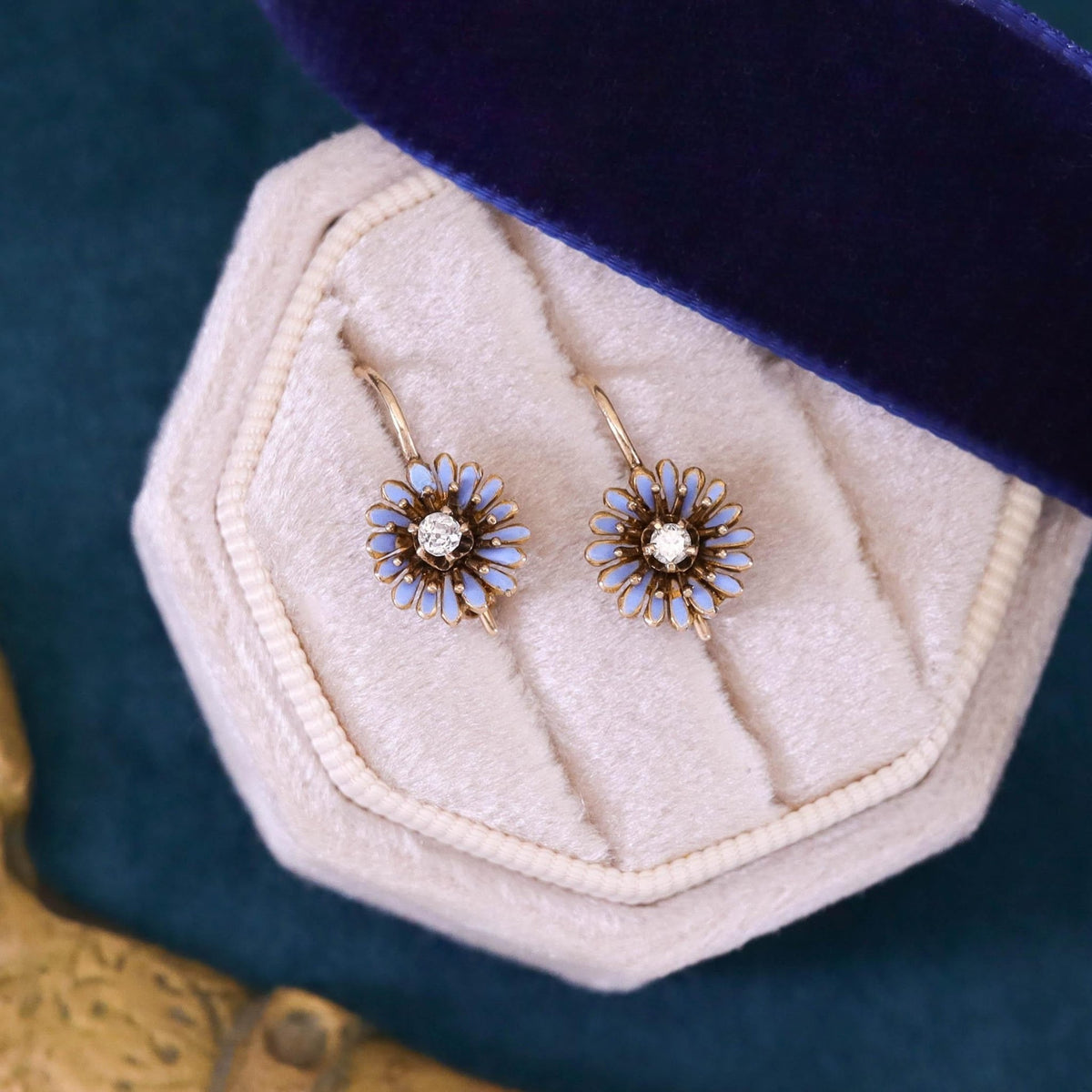 Antique Enamel and Diamond Flower Earrings of 14k Gold - Trademark Antiques