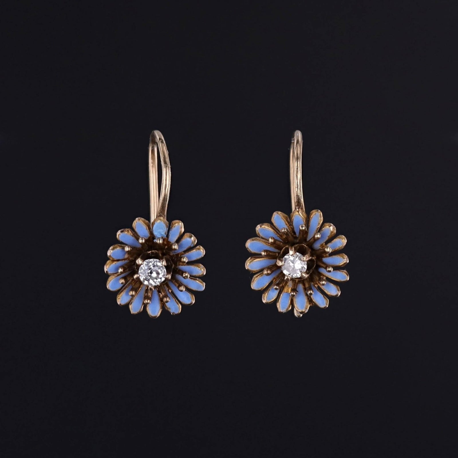 Antique Enamel and Diamond Flower Earrings of 14k Gold - Trademark Antiques