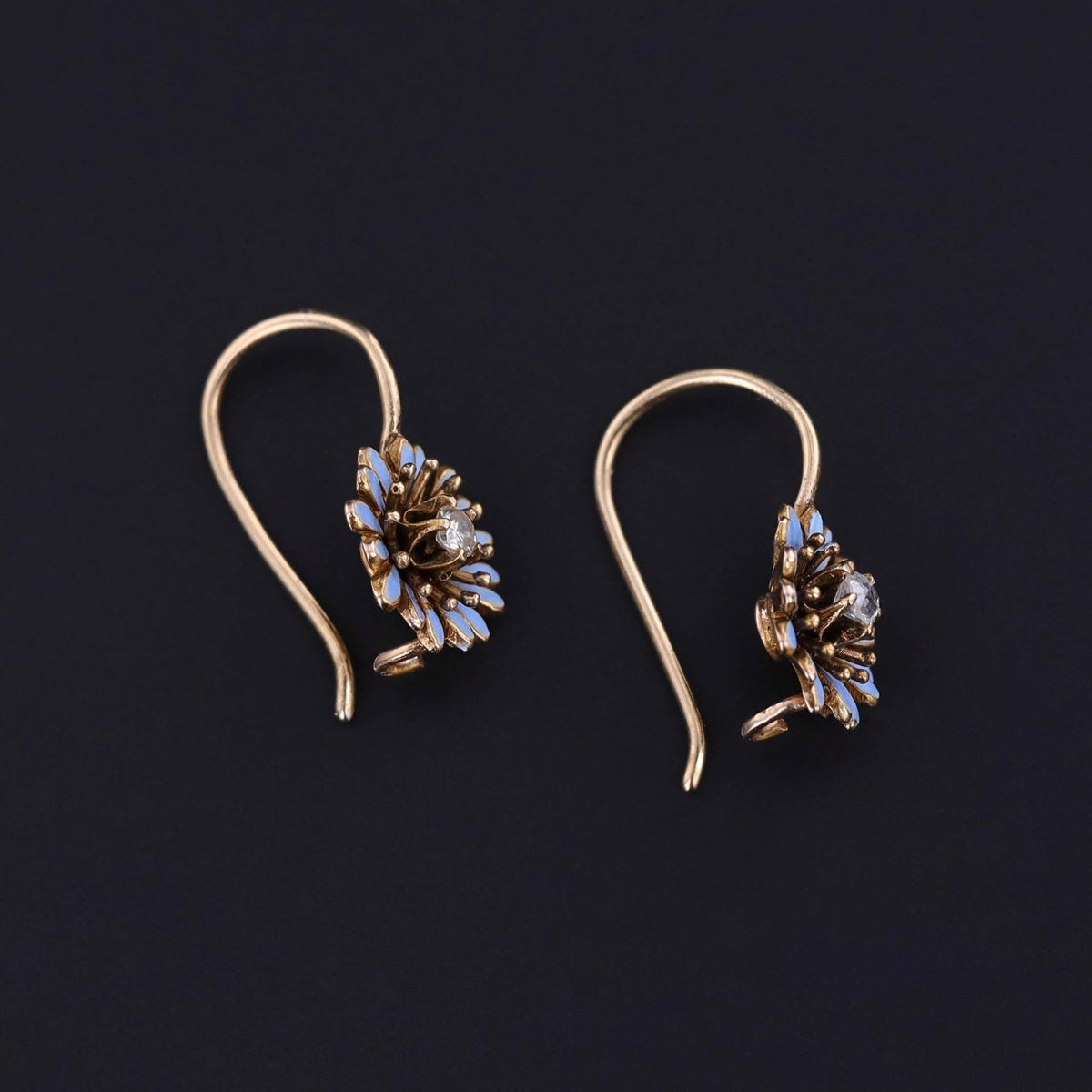 Antique Enamel and Diamond Flower Earrings of 14k Gold - Trademark Antiques
