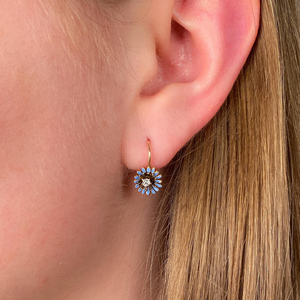 Antique Enamel and Diamond Flower Earrings of 14k Gold - Trademark Antiques