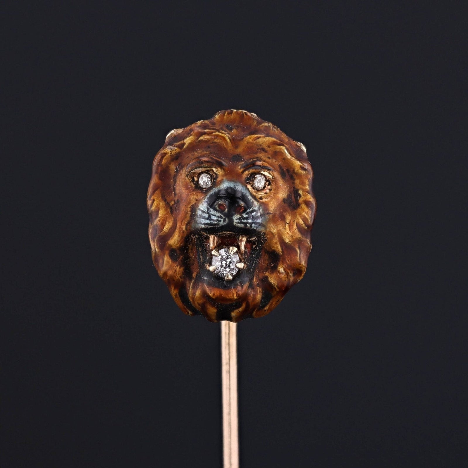 Antique Enamel and Diamond Lion Stickpin of 14k Gold - Trademark Antiques