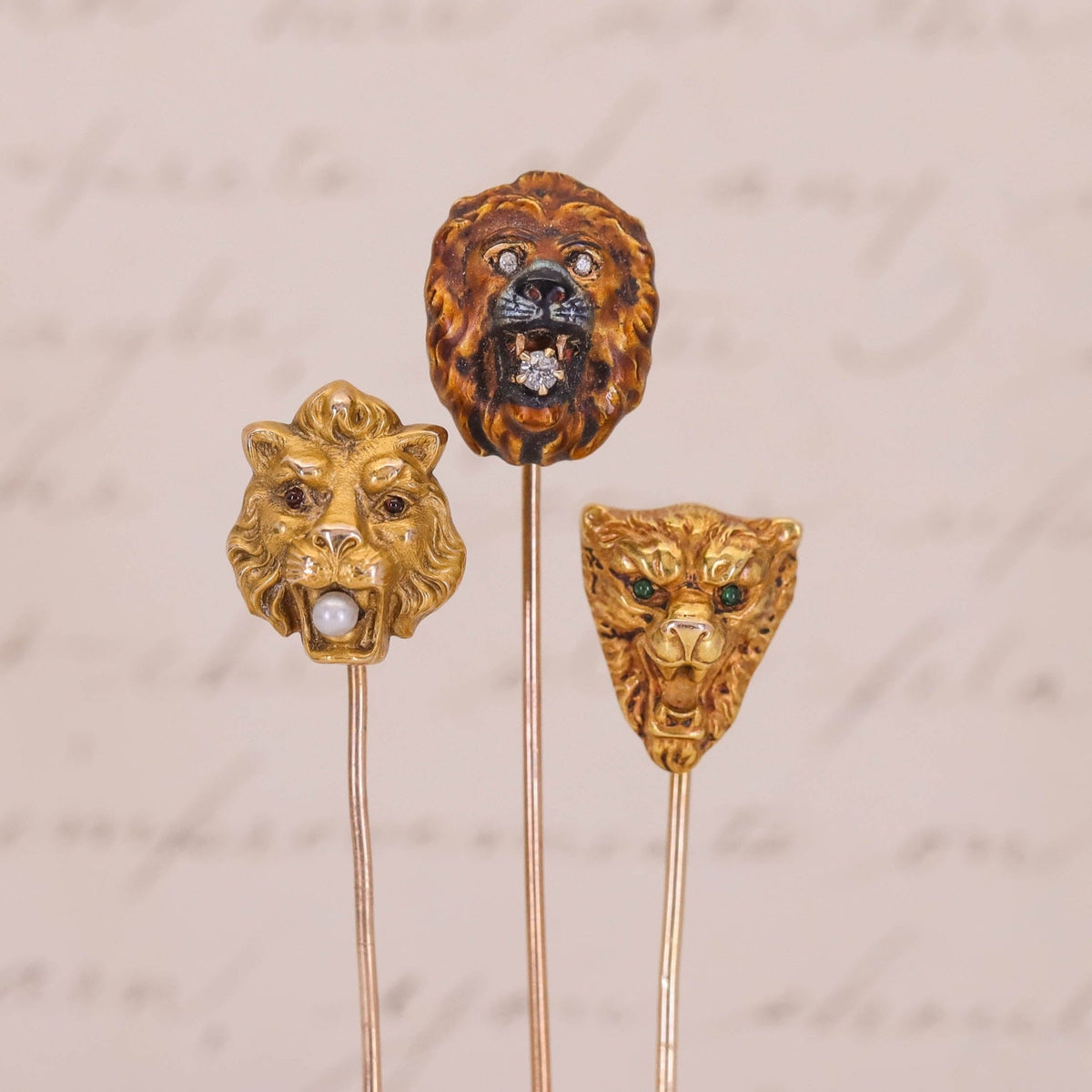 Antique Enamel and Diamond Lion Stickpin of 14k Gold - Trademark Antiques
