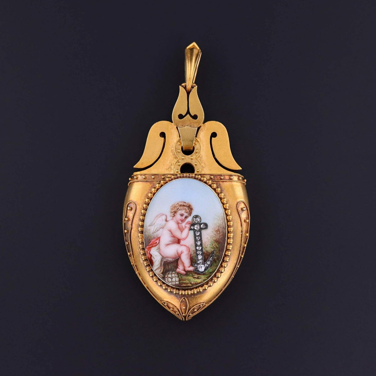 Antique Enamel and Diamond Locket of 18k Gold - Trademark Antiques