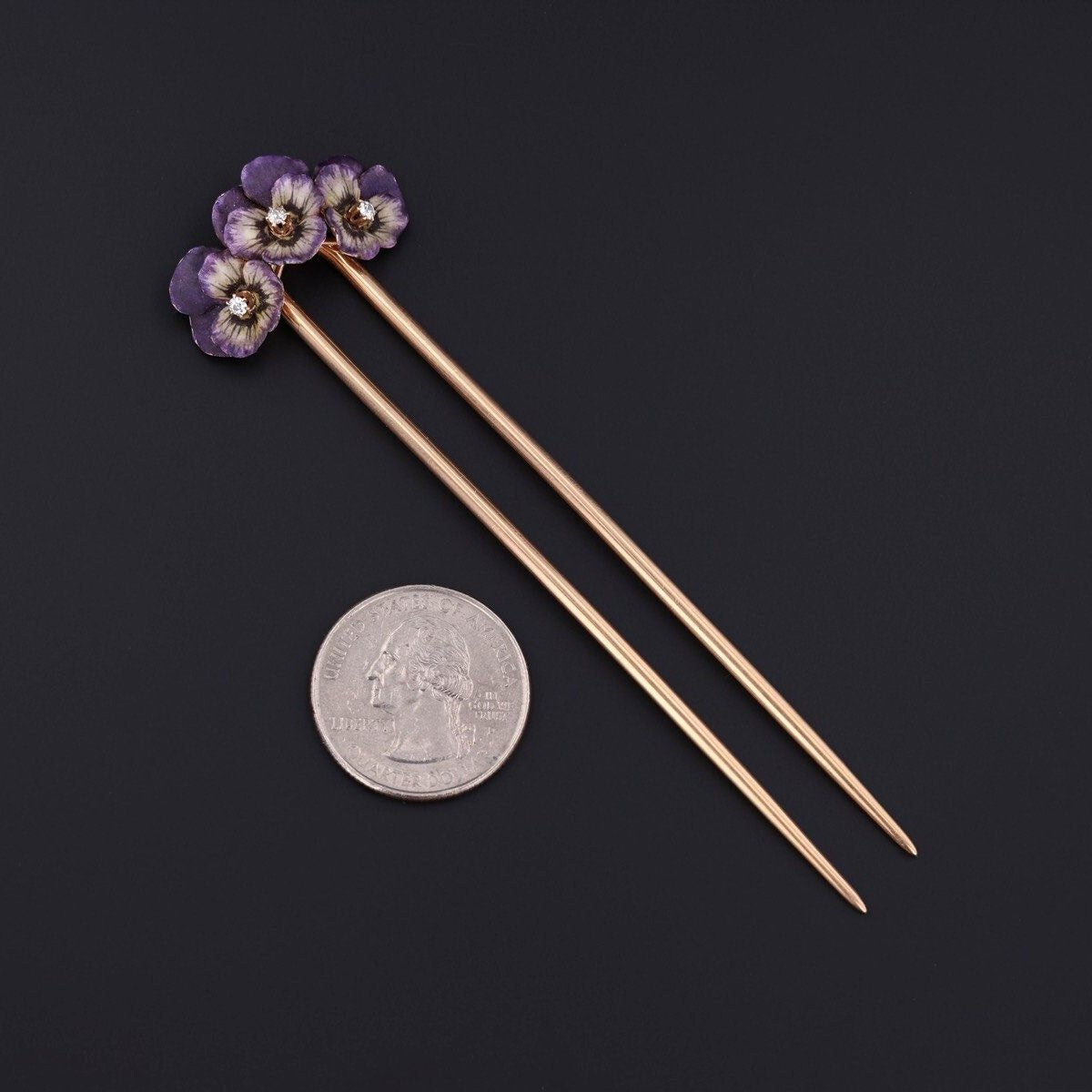 Antique Enamel and Diamond Pansy Hair Pin of 14k Gold - Trademark Antiques