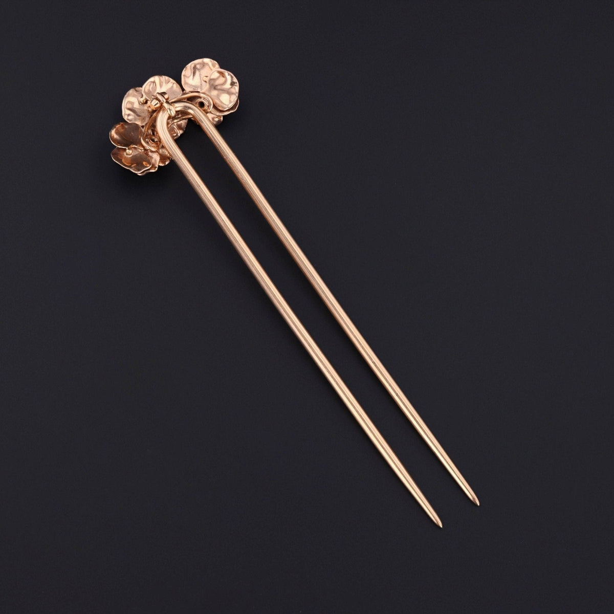 Antique Enamel and Diamond Pansy Hair Pin of 14k Gold - Trademark Antiques