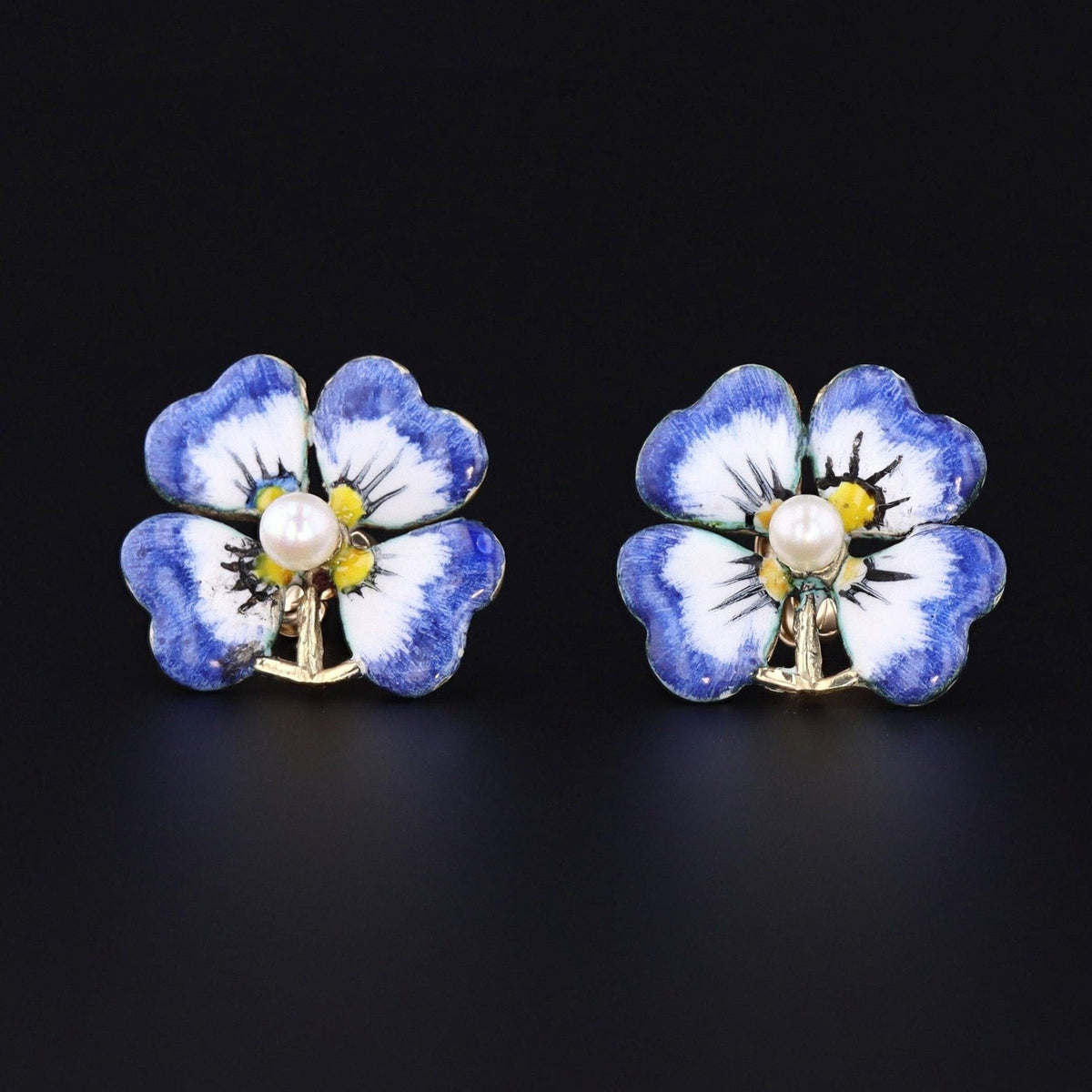 Antique Enamel and Pearl Pansy Earrings 14k Gold - Trademark Antiques