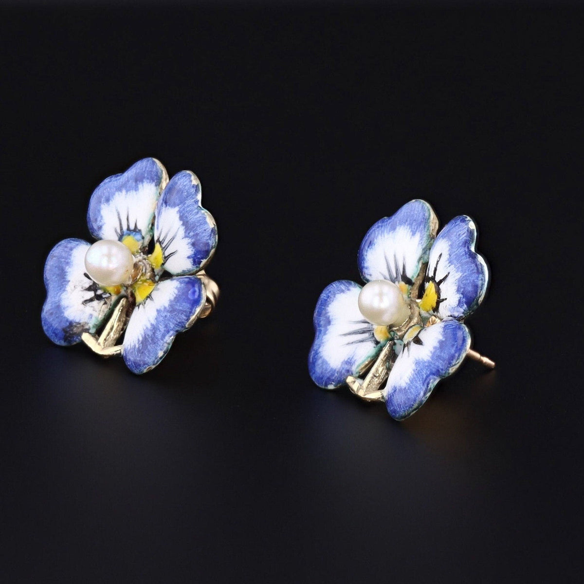 Antique Enamel and Pearl Pansy Earrings 14k Gold - Trademark Antiques