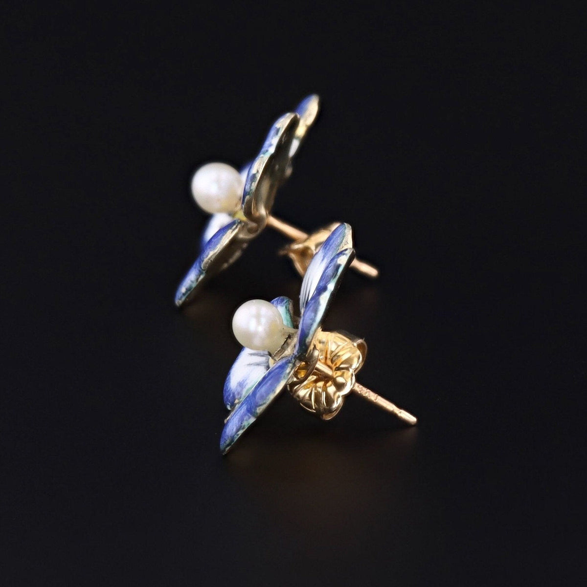 Antique Enamel and Pearl Pansy Earrings 14k Gold - Trademark Antiques