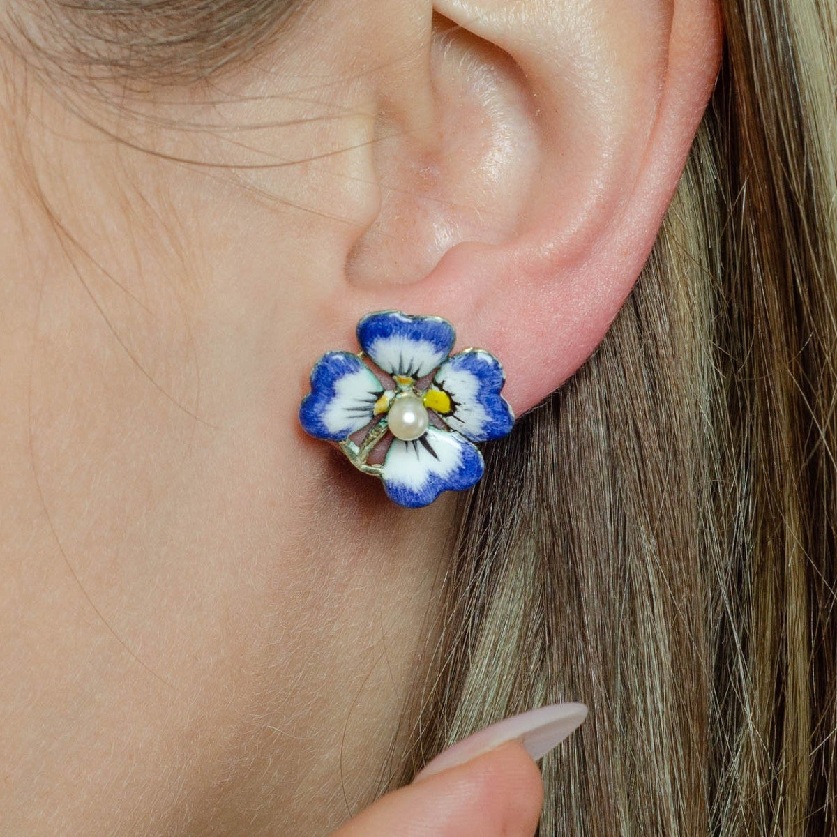 Antique Enamel and Pearl Pansy Earrings 14k Gold - Trademark Antiques