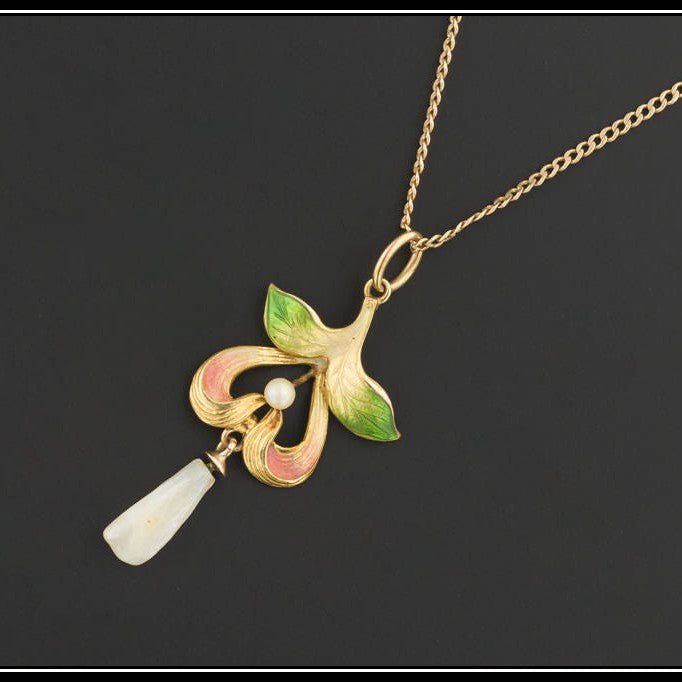 Antique Enamel and Pearl Pendant of 10k Gold - Trademark Antiques